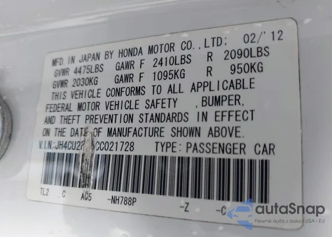 2012 Acura Tsx 2.4 z USA, uszkodzony, nr VIN JH4CU2F85CC021728